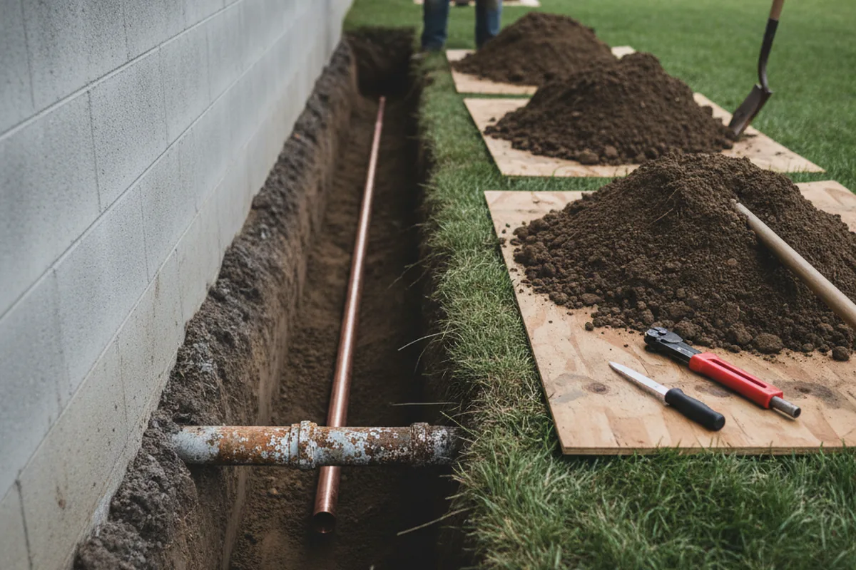 Excavated water line trench during Sewer Line Repair in Malden